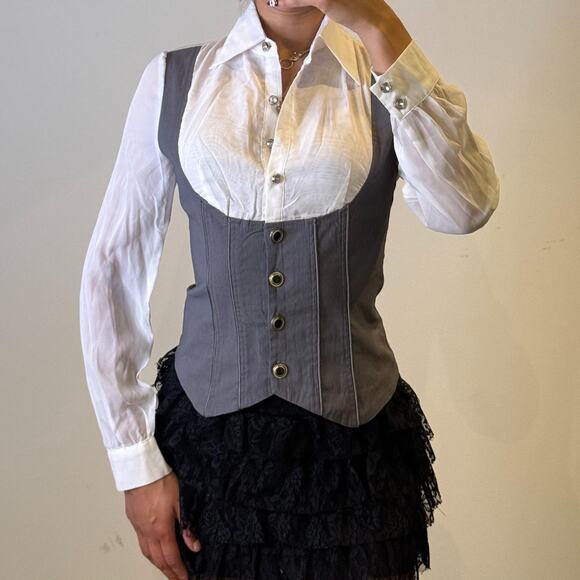 White and Grey Buttoned Top - Picture 1 of 5